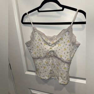 H&M White and Yellow Floral Lace Trim Tank Top